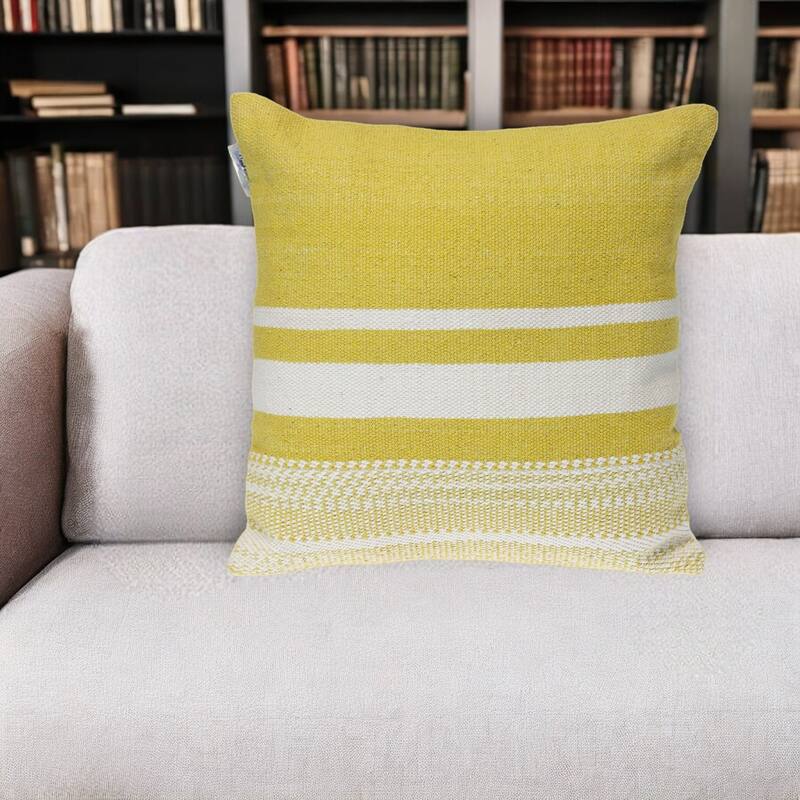 18" Yellow And White Striped Cotton Throw Pillow - Polyester - Single - 18.00 in. x 18.00 in.  x 7.00 in. - Pillow Sets - Yellow/White