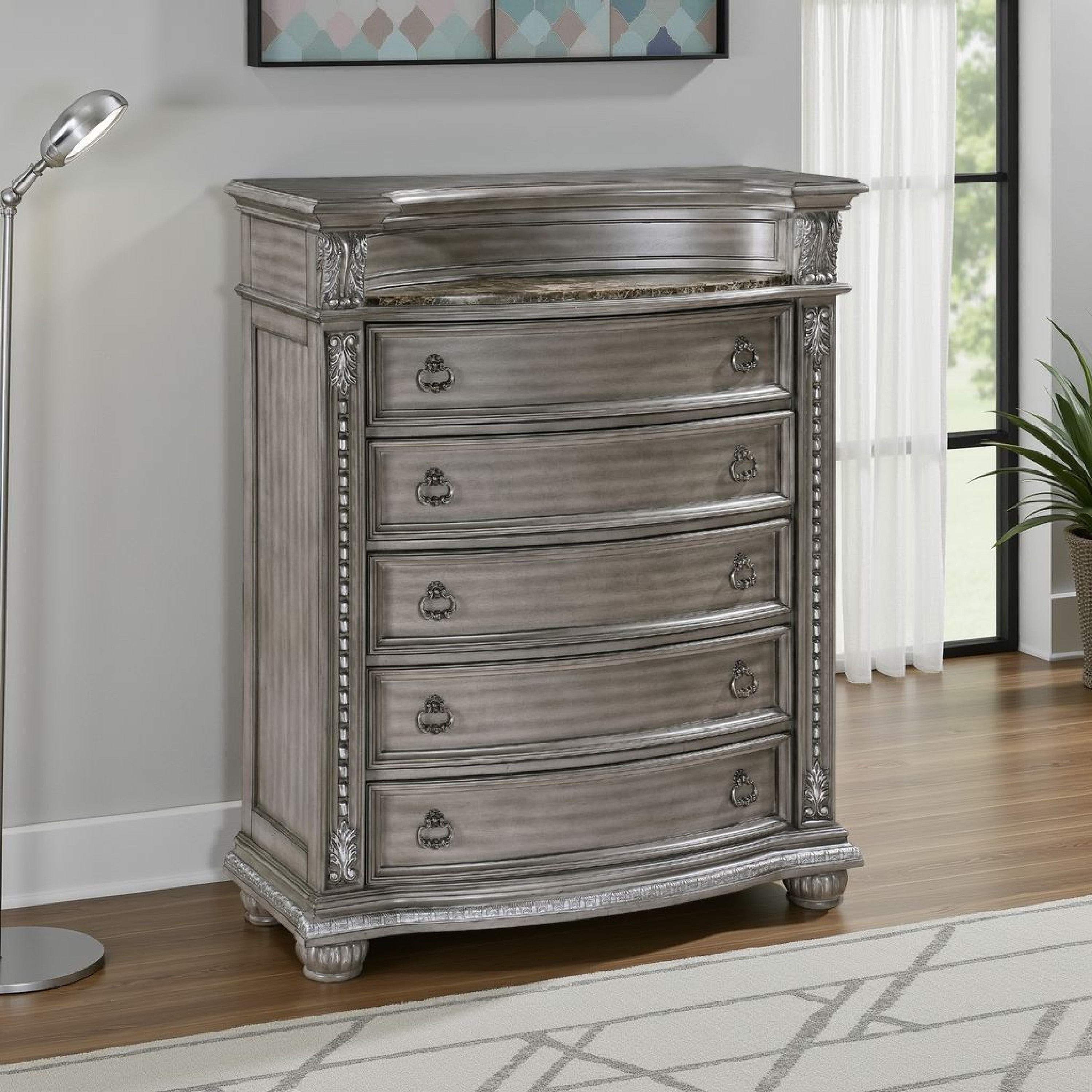Toga Tall Dresser Chest | 5 Drawers | Gray Acacia Wood Carved Details