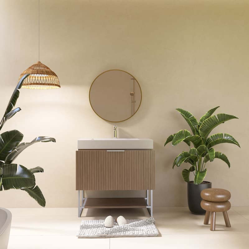 Freestanding Bathroom Vanity in Brown Oak with White Integrated Solid Surface Sink - 29.92'' x 19.69'' x 33.46''
