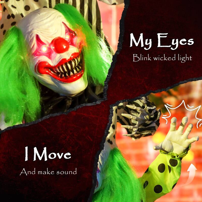 Outsunny Life Size Stackable Halloween Animatronics Clown with Red Light Up Eyes, Sound Activated Scary Clown Decorations