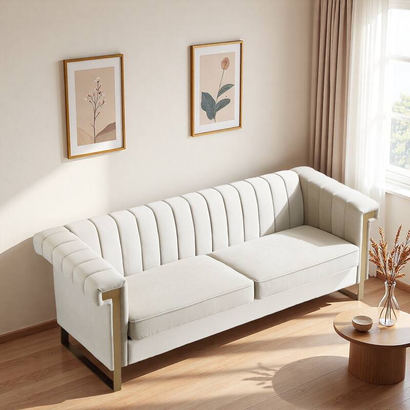 Velvet Sofa Couch for Living Room, Modern Loveseat Couch with Gold Accents, Apartment Chesterfield Sofa