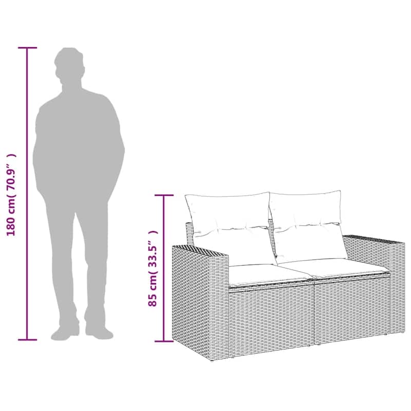 vidaXL Patio Sofa with Cushions 2-Seater Loveseat Poly Rattan Brown/Gray/Black - 51.6" x 24.4" x 27.2"