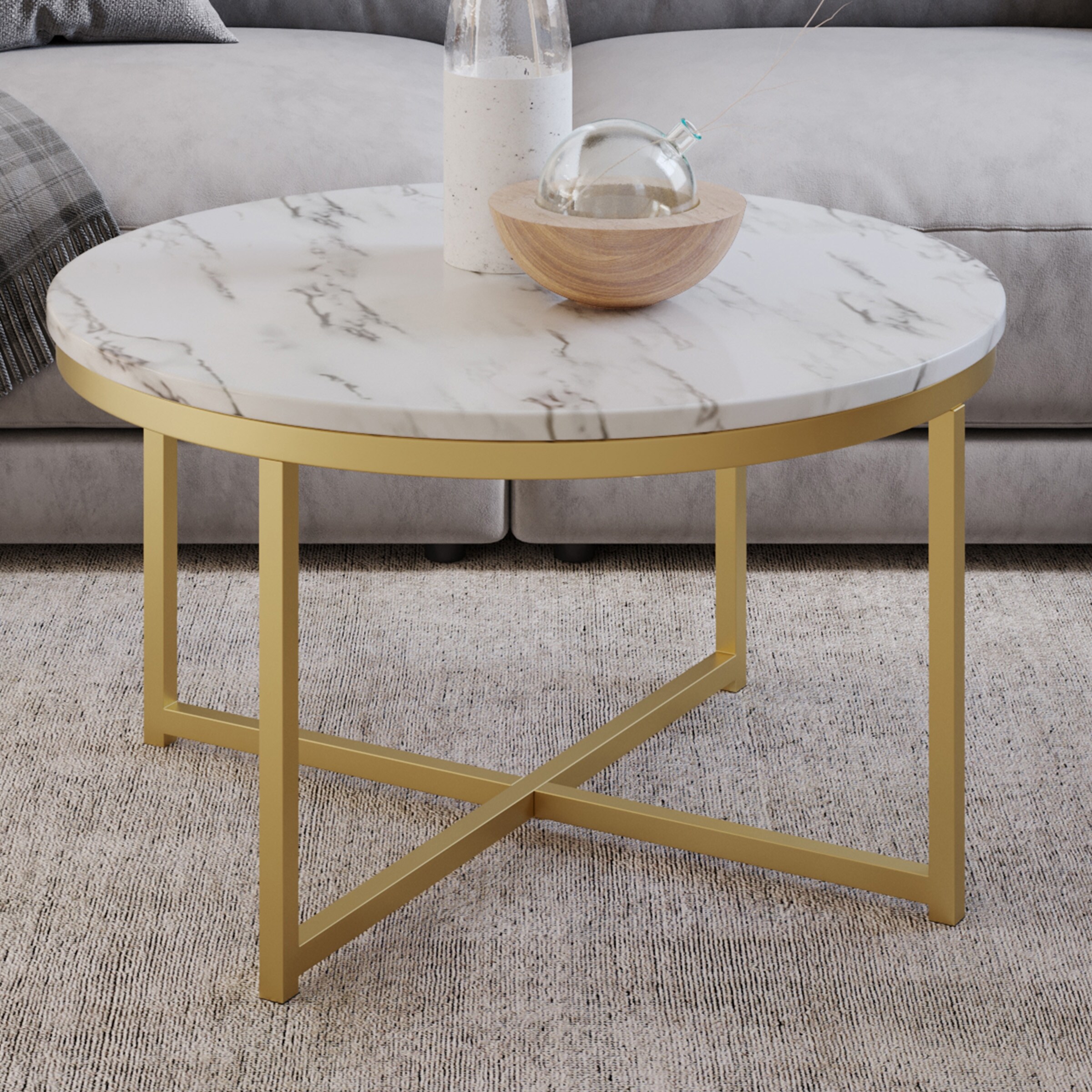 Lavish Home Faux Marble Coffee Table White Gold