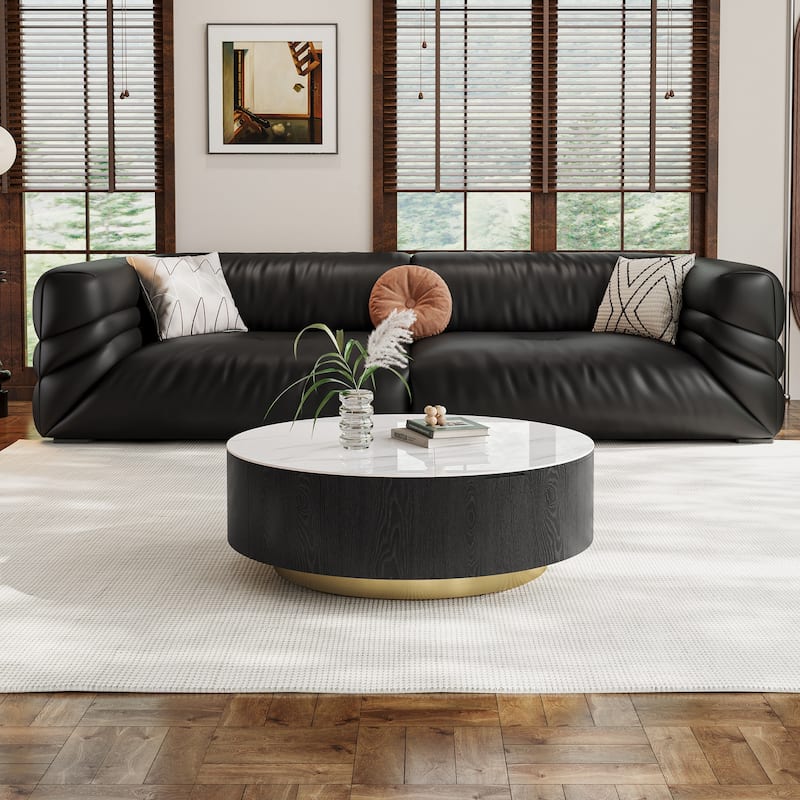 35.43" Round Coffee Table with Lift Top & Drawer, Faux Marble Surface, Solid Wood for Modern Living Spaces