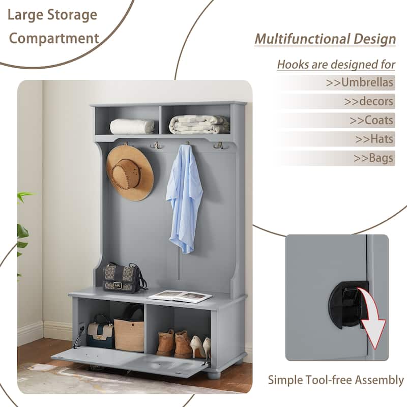 Classic Hall Tree Cabinet with Shoe Rack Bench and Coat Hooks, Entryway Storage Cabinet Bench with Open Shelves