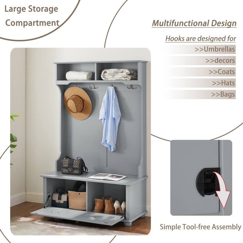 Modern 4-in-1 Hall Tree with Storage Bench, Coat Rack, Shelves, Shoe Rack and Solid Wood Feet for Entryway, Hallway and Porch