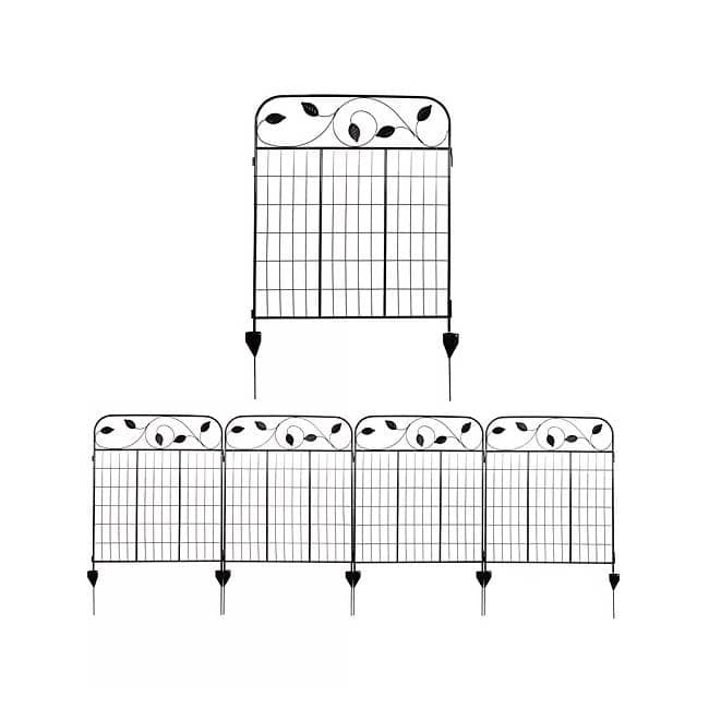10ft Steel Garden Fencing Panels with Leaf Design Black Powder Coated Yard Border with Stakes - 120.5" W x 36" H
