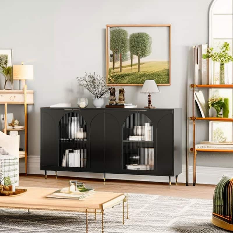 Wood Cabinet with Glass Sliding Doors Display Storage Cabinet - Black