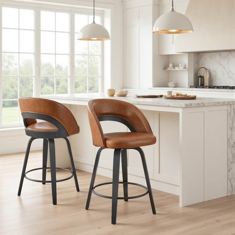 Art Leon Set of 2 Swivel Contemporary Counter Height Barstool with Bentwood Legs - Brown Faux Leather