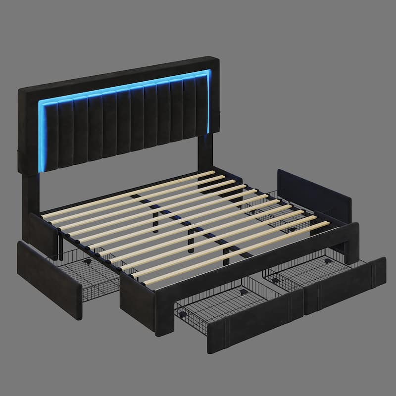 Velvet Upholstered Platform Bed Frame with Adjustable Headboard and 4 Storage Drawers & RGB LED Lights