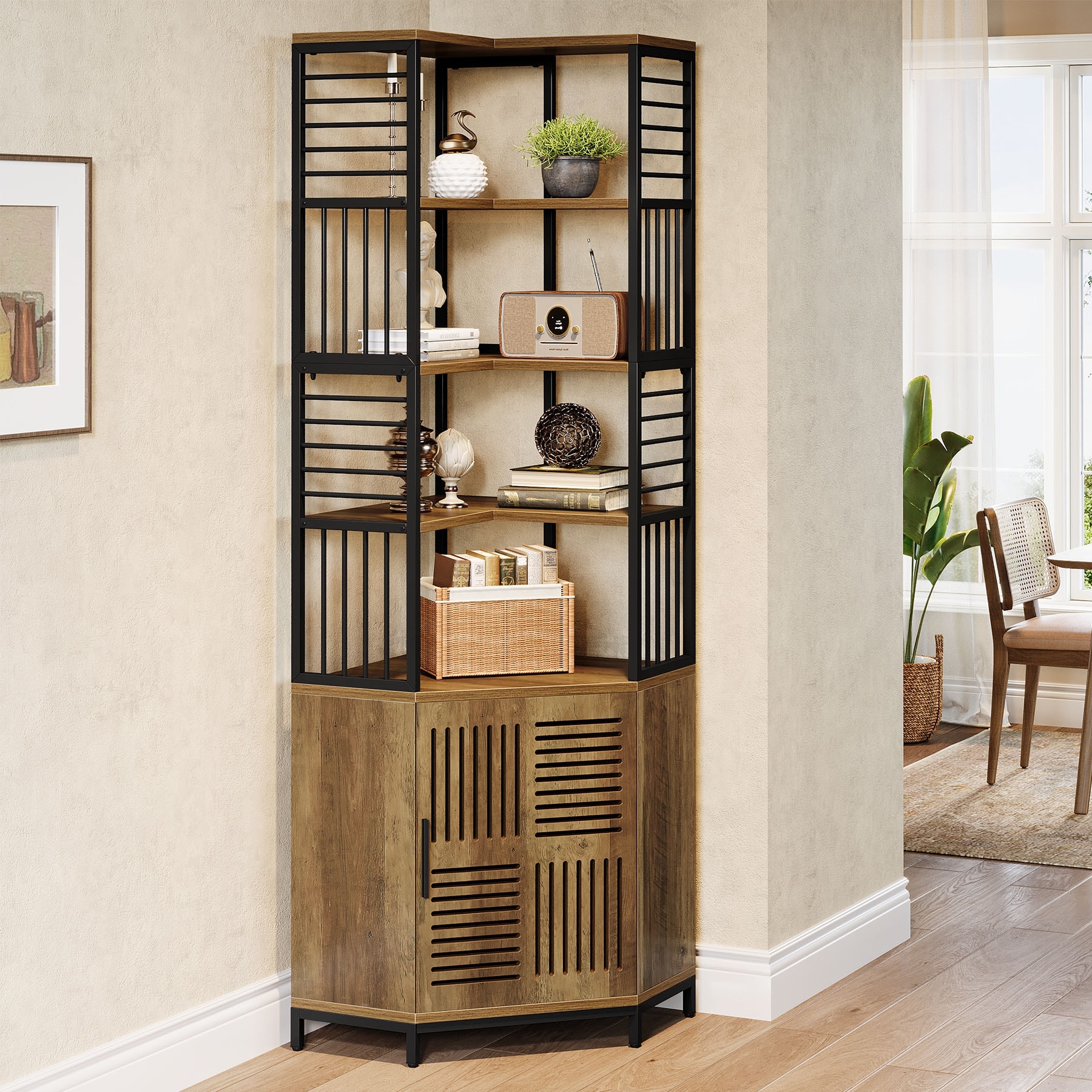 78 Inch Tall Corner Shelf with Cabinet, Industrial Bookshelf with