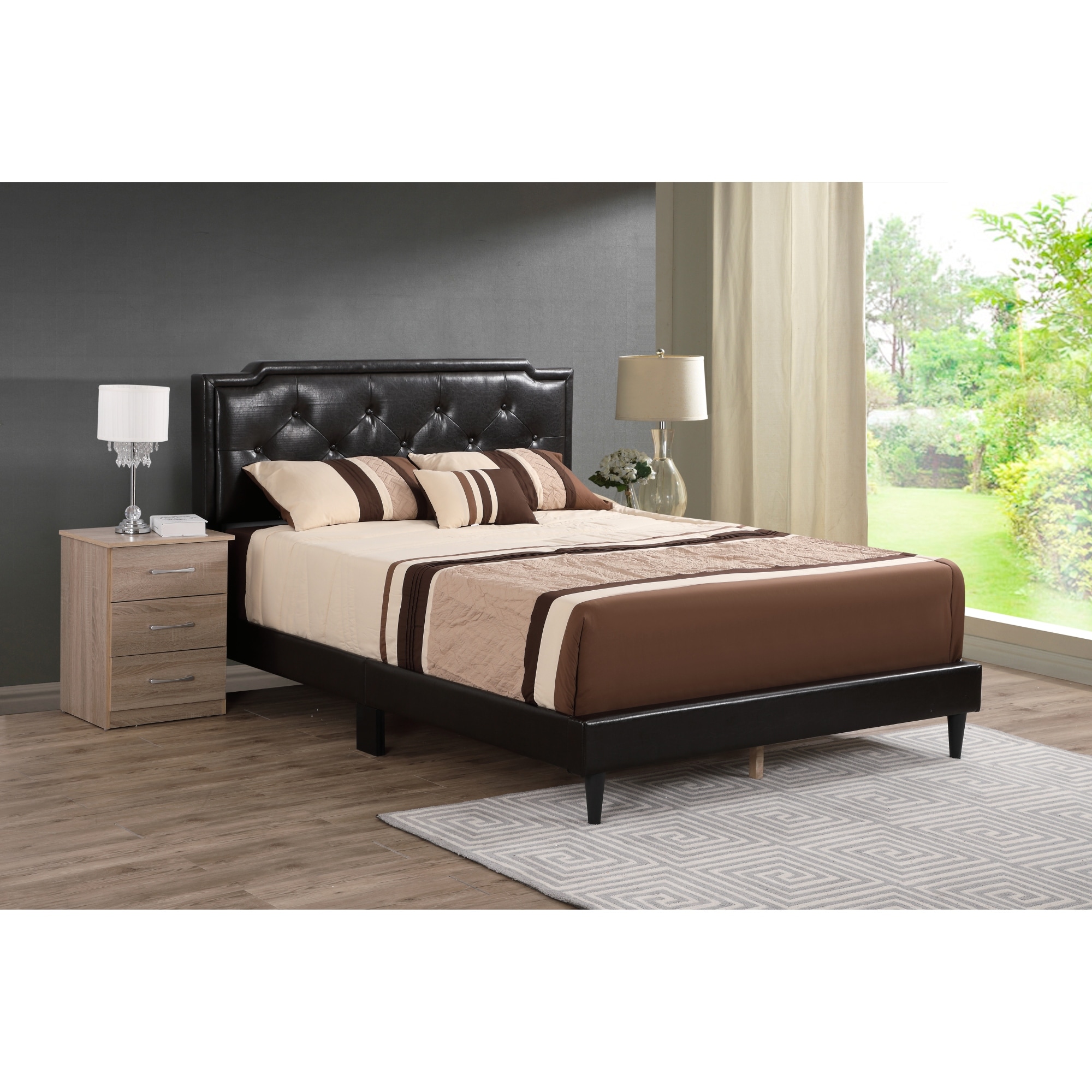 Roomfitters Upholstered Platform Bed Frame with Button Detailed Diamond Pattern Headboard, No Box Spring Needed, Beige