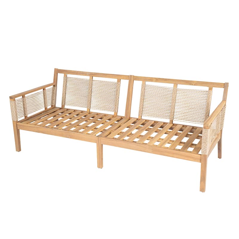 Roomfitters 5-Piece Patio Sofa Set, Modern Rope Weave Outdoor Furniture, 3-Seater Sofa, 2 Armchairs and 2 Tables, Teak+Beige