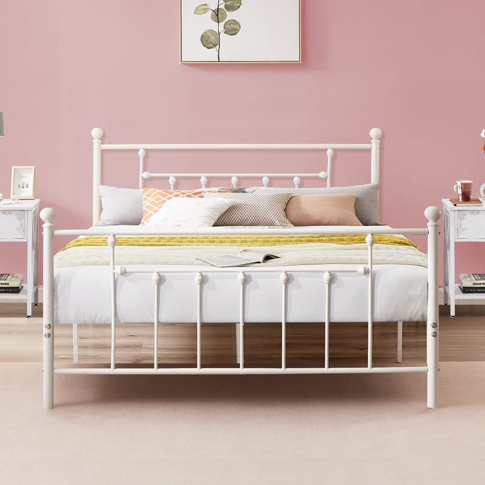 VECELOWhite Modern Bed Frame with Headboard and Footboard Sturdy Slat Support 12.6" Under-Bed Storage Space No box spring needed