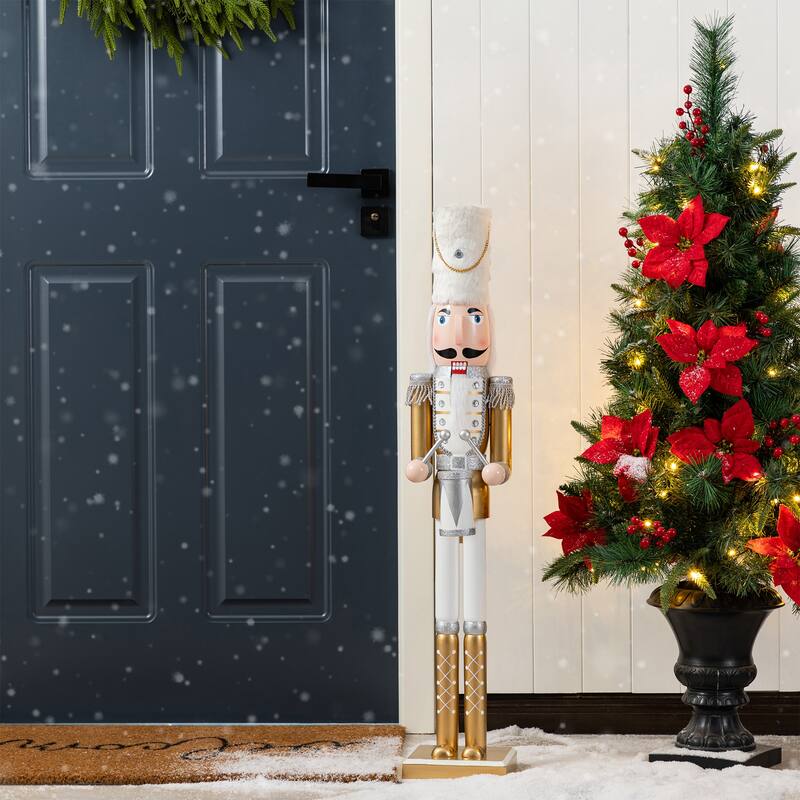 Glitzhome Set of 2 Wooden Christmas Gold Dressed King & Soldier Nutcrackers for Festive Party Fireplace Decor