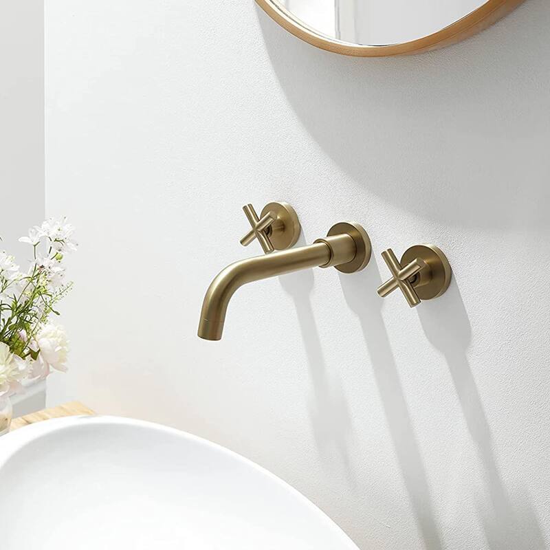 Wall Mounted Bathroom Sink Faucet Double Handle Bathroom Faucet 3 Holes Modern Lavatory Basin Vanity Tap With Valve, NO DRAIN