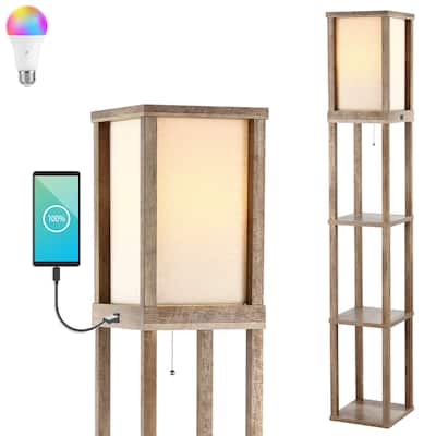 Zephyr 63.5" Rustic Bohemian Wooden LED 3-Shelf Floor Lamp with Pull-Chain, USB Charging Port and Smart Bulb, by JONATHAN Y