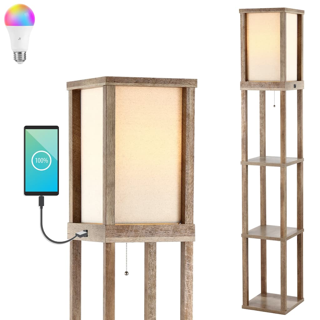 Zephyr 63.5" Rustic Bohemian Wooden LED 3-Shelf Floor Lamp with Pull-Chain, USB Charging Port and Smart Bulb, by JONATHAN Y