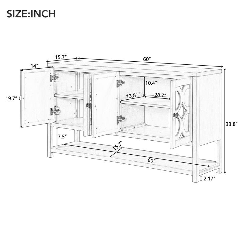 Sideboard Cabinet with Mirrored Doors, Accent Cabinets with Open Shelves, Storage Cabinet with Acacia Wood Legs
