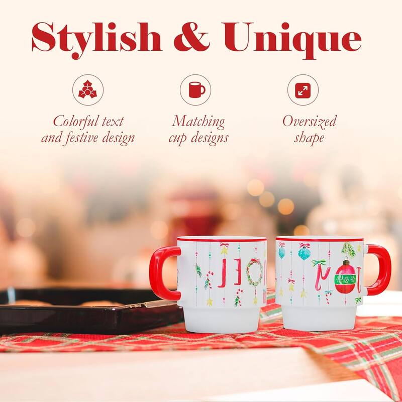 American Atelier Christmas 4 Ceramic Mugs and Rack Set