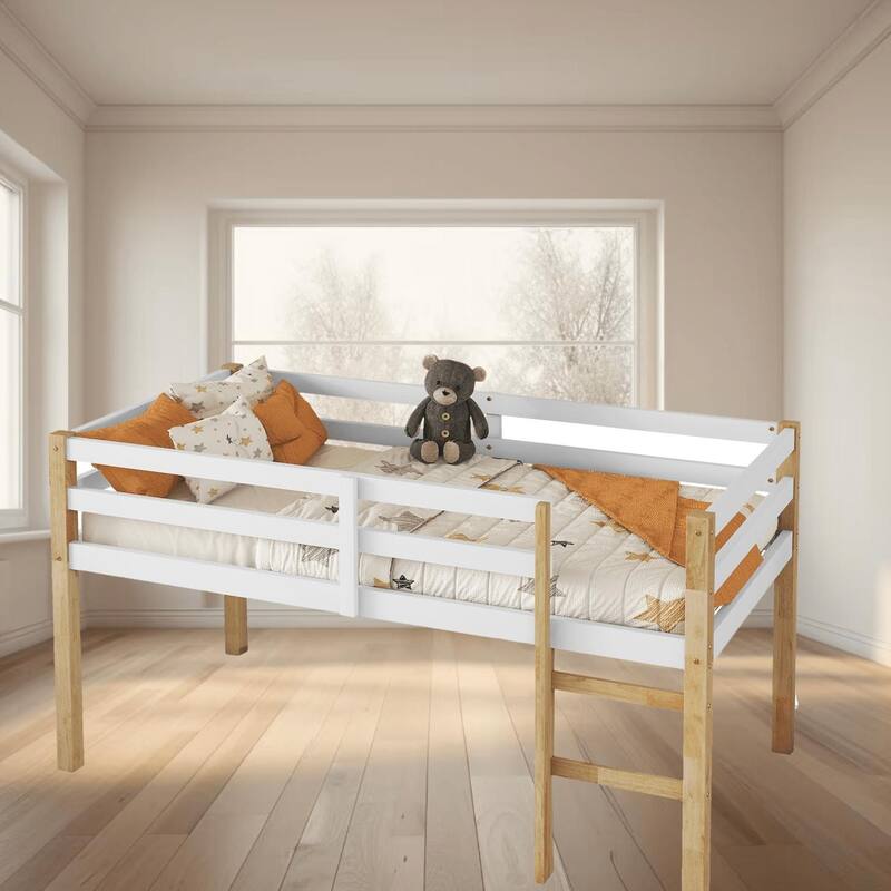 Wooden Twin Size Loft Platform Bed Frame with Ample Storage and Safety Guardrails, Perfect for Small Rooms, Bedroom Furniture - Natural+White - Twin
