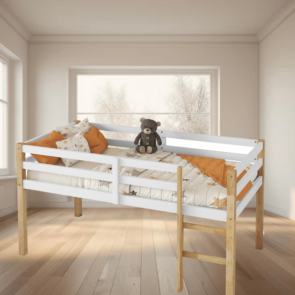 Wooden Twin Size Loft Platform Bed Frame with Ample Storage and Safety Guardrails, Perfect for Small Rooms, Bedroom Furniture