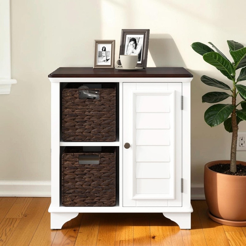 End Table with Shutter Design, Side Table with Two Woven Grass Baskets for Living Room or Bedroom