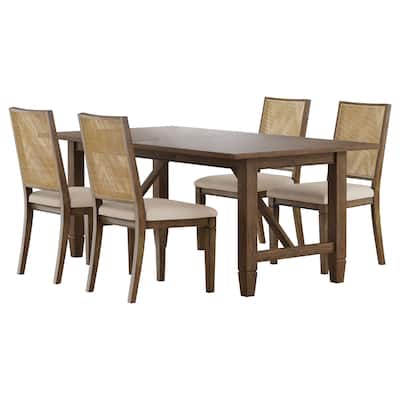 Andy 5pc Dining Table Set, Cane Rattan Back, Brown Wood, Beige Fabric