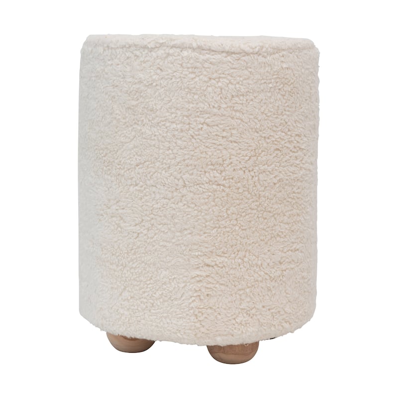 Round Cotton Sherpa Pouf with Pine Wood Feet - Cream