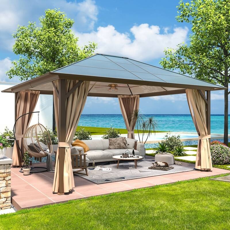 Outdoor Hardtop Gazebo for patio,Polyester Double Roof Canopy, Permanent Pavilion with Aluminum Frame,Curtains & Netting