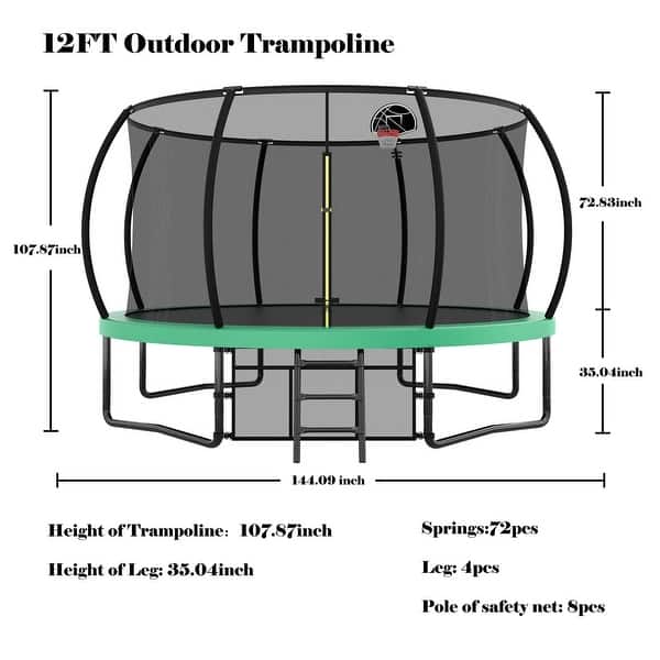 dimension image slide 0 of 2, 12ft Round Outdoor Trampoline with Safety Enclosure Net and Ladder