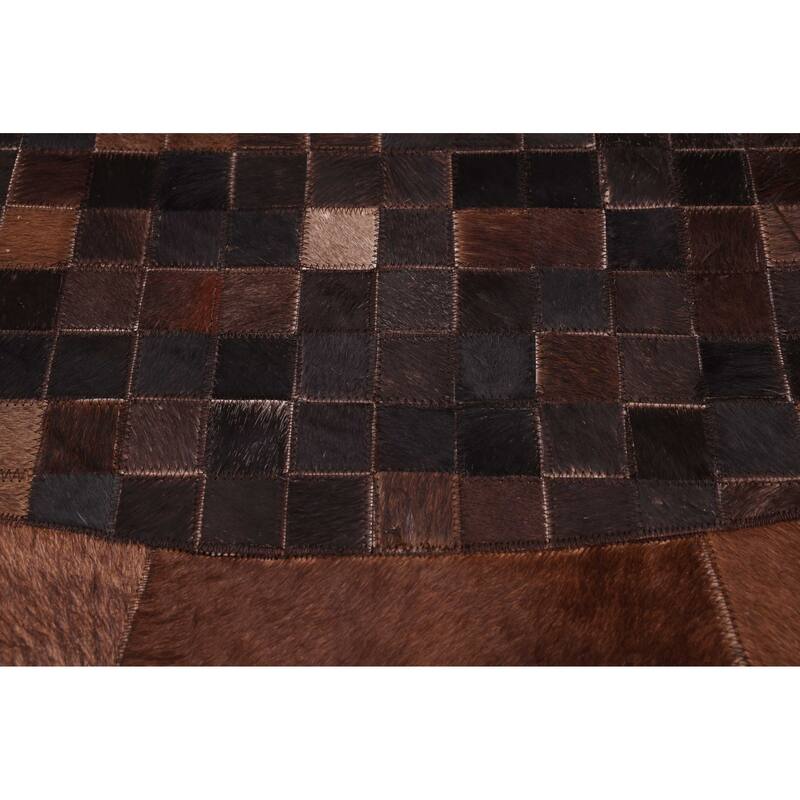 ECARPETGALLERY Handmade Cowhide Patchwork Dark Brown Leather Rug - 7' x 7'
