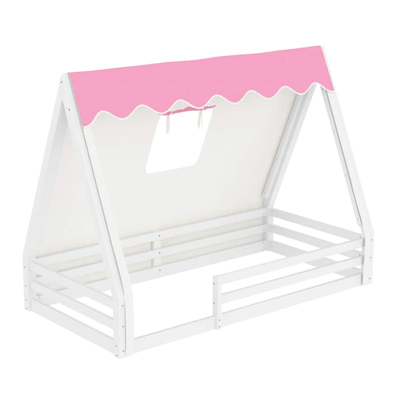 Full/Twin House Floor Bed with Tent, LED Light & Guardrails