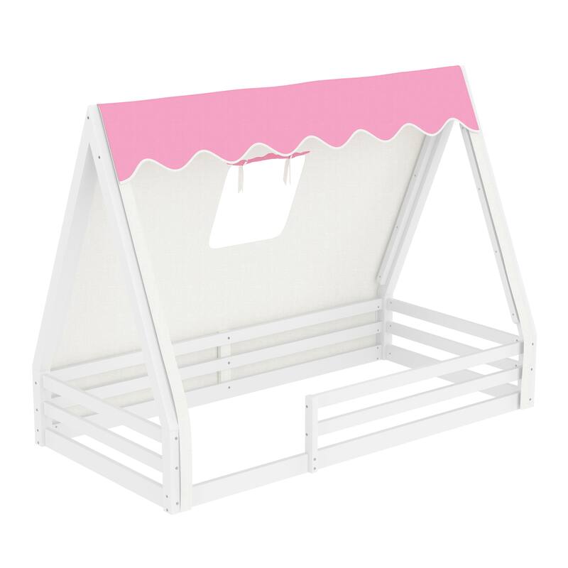 Twin Size House Floor Bed with Tent and Light, Solid Wood Teepee Floor Bed with Full-length Guardrails