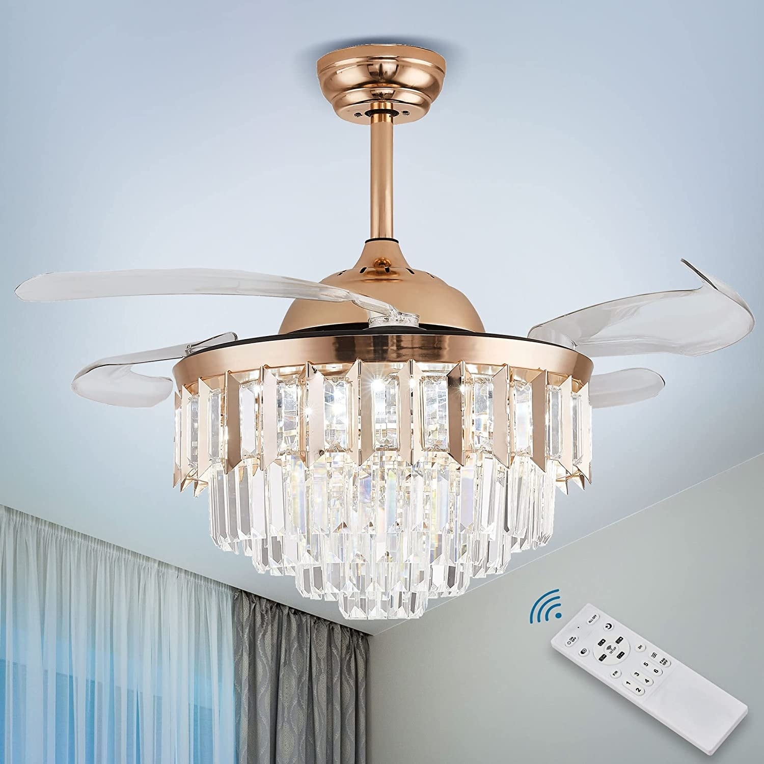 Crystal LED Ceiling Fans with Lights and Remote Controller 42 Inches Modern Fandelier Ceiling Lighting Fixture Crystal Fan