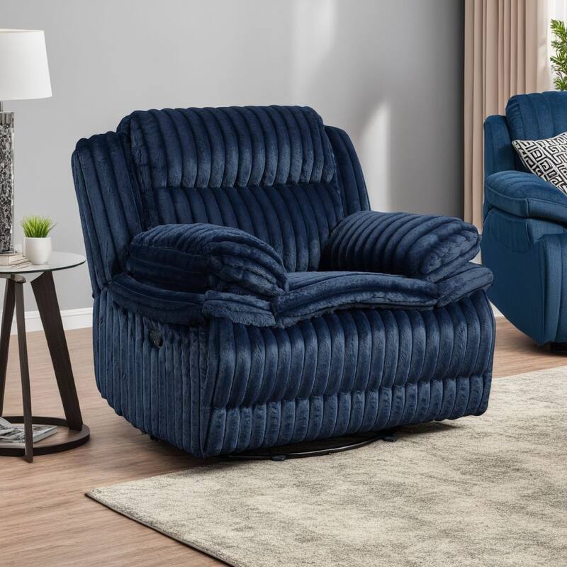 Rexy Manual Glider Reclining Chair, Textured Blue Corduroy, Solid Wood