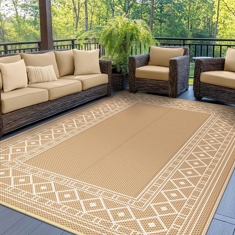 Mcow Geometric Frame Collection Waterproof Outdoor Area Rug - 6' x 9' - Brown/Beige - Rectangle