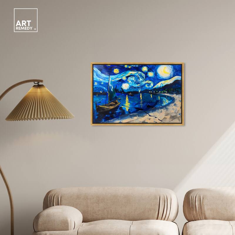Art Remedy Whimsical Night Sail Framed Impressionism 1 Piece Canvas Wall Art /Monet And Van Gogh Inspired Art