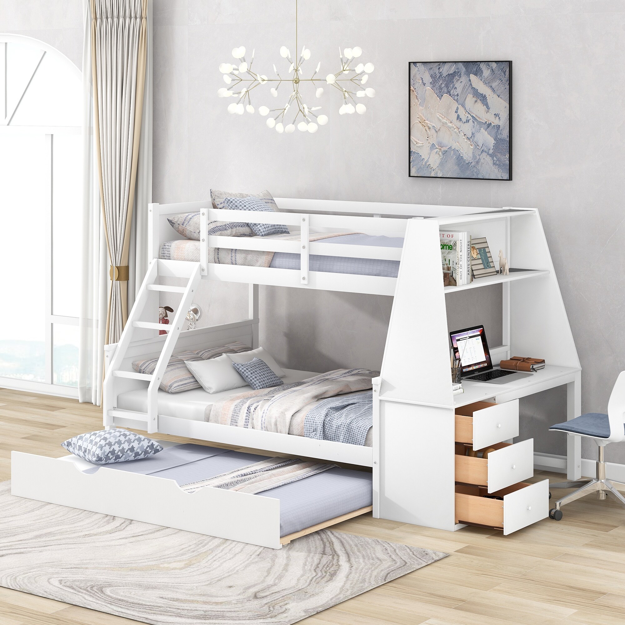 Bunk bed with outlet pull out desk