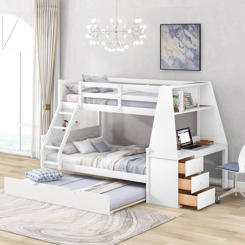 Twin over Full Bunk Bed with Trundle, Built-in Desk, Storage Drawers, and Shelf, White - White
