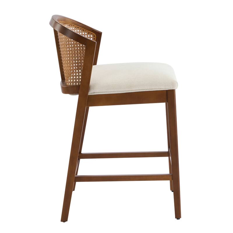 Roomfitters Tatti Indoor Wooden Counter Stools with Rattan Back and Beige Upholstery, Set of 2 - Set of 2