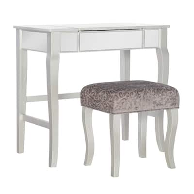 46.75" Silver Vanity Set with Mirror and Upholstered Stool