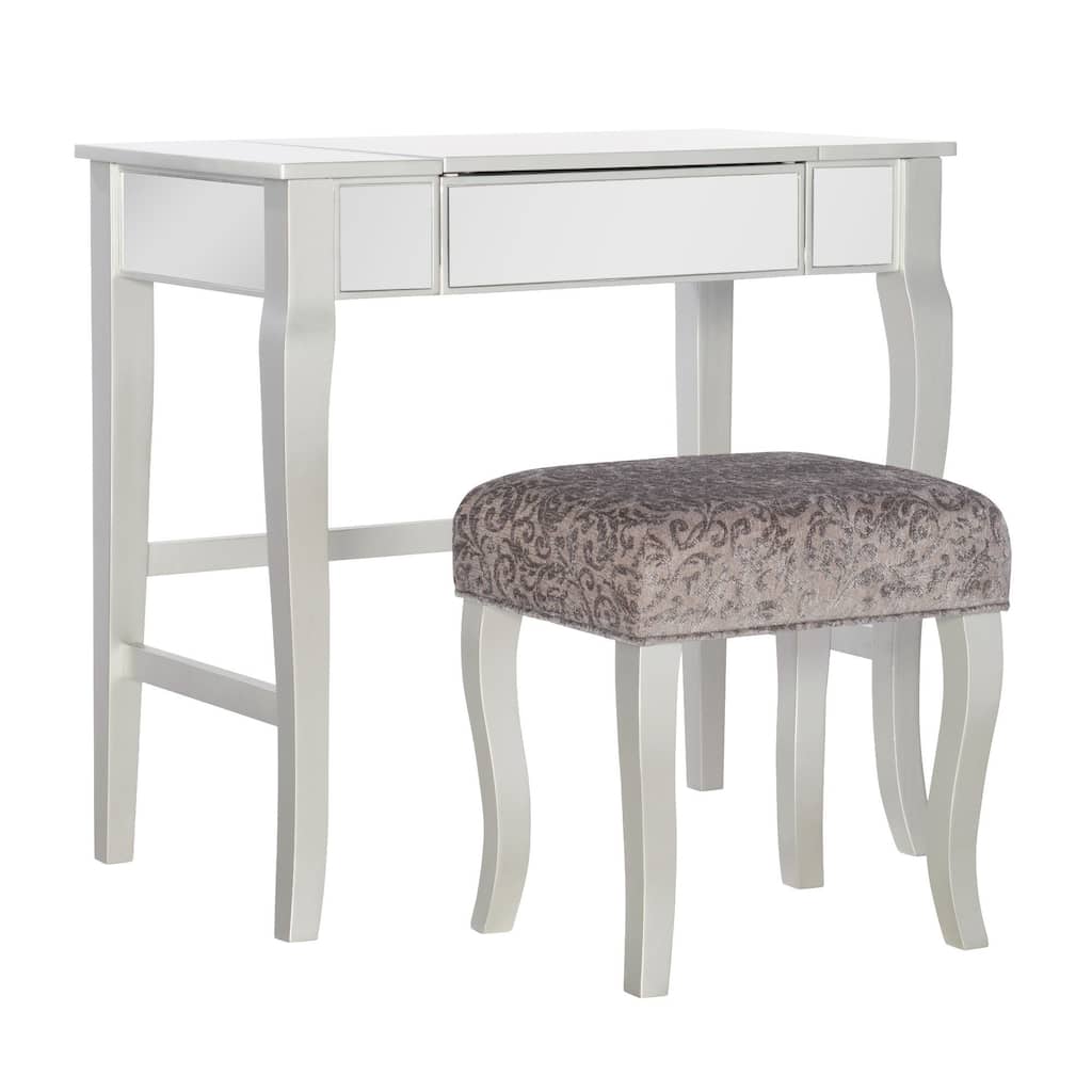 46.75" Silver Vanity Set with Mirror and Upholstered Stool