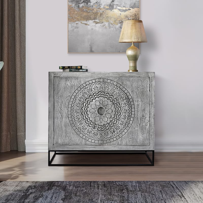 Zera 39 Inch Handcrafted Accent Cabinet with 2 Doors, Medallion Engraved, Sandblasted Gray Mango Wood, Black Iron Framed Stand - Gray and Black