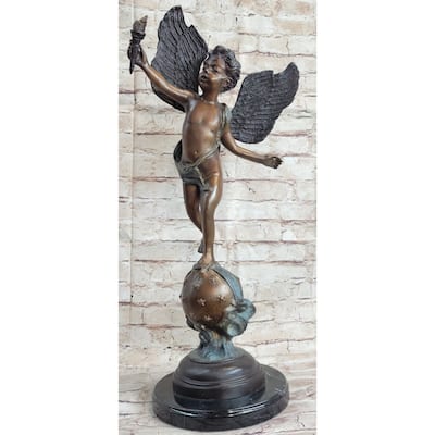 Cherub Cupid W/ Torch Real Bronze Vintage Sculpture Statue After Moreau 24 Inches X 12 Inches