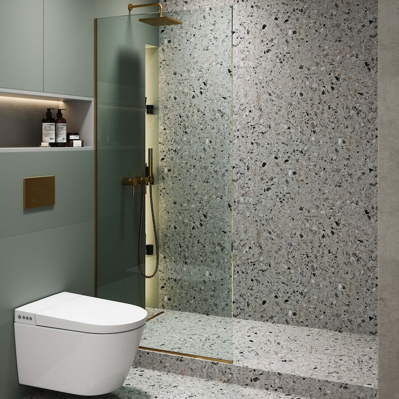 Fine Fixtures Single Fixed Clear Tempered Glass Shower Panel - 34 Inch - Satin Brass