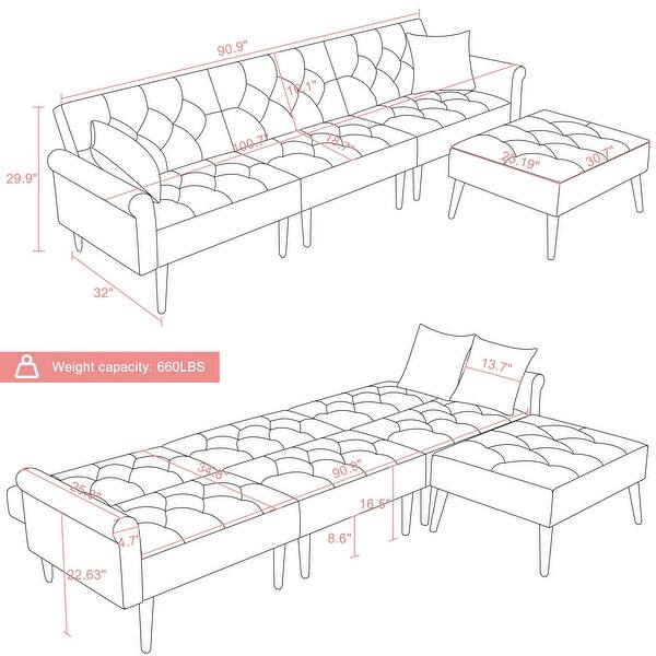 Modern Sectional Couch Futon Sofa Bed with Ottoman Velvet Couch Sleeper