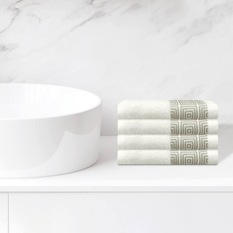 Geometric Patterns Washcloths Set, Cotton Bath Towels, Low Linting Face Towels for Bathroom, Hotel, Spa 13" x 13" - White - 4 Pack