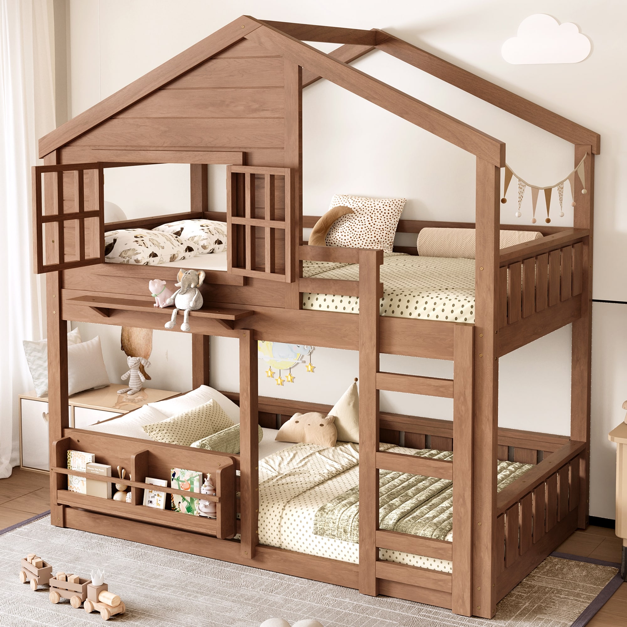 Full/Twin Bunk Bed with Bookshelf, House Design Loft Bed with Safety Fencing, High-Quality Kids Bed Frame