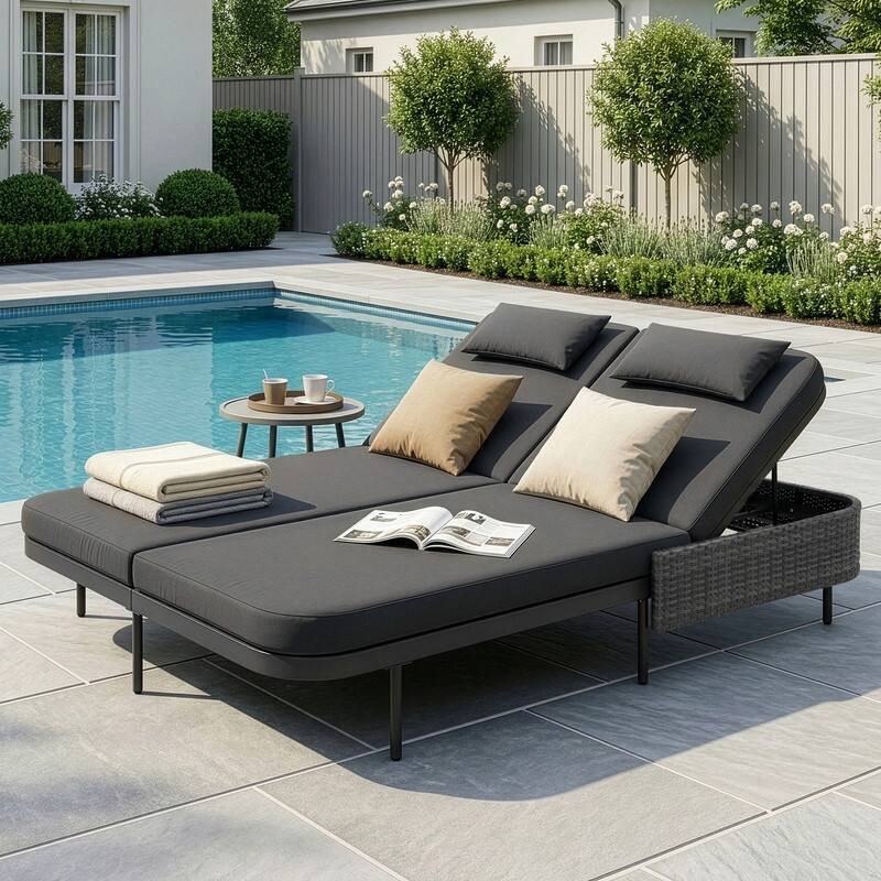 2-Person Outdoor Double Chaise Lounge, Wicker Patio Reclining Daybed with 6-Position Backrests, 4" Cushions, 800 lb Capacity